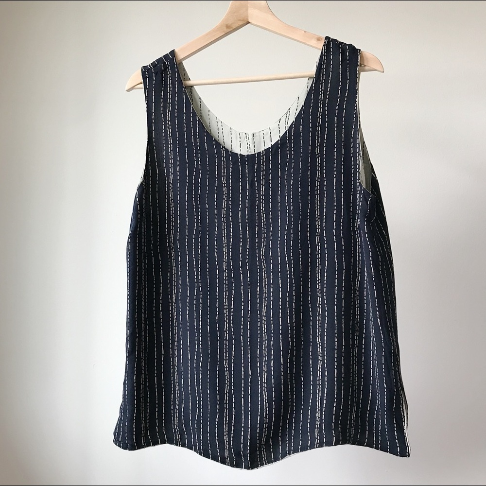 REVERSIBLE silk sleeveless blouse, navy & cream